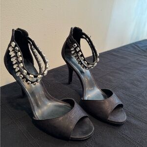 AUBREY Brook black satin, peep toe, rhinestone ankle strap
